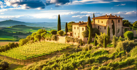 vineyards sunset panorama.  farm house, hills and vineyard.  - obrazy, fototapety, plakaty