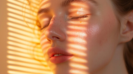 Close-up of serene woman's face basking in warm sunlight with shadows