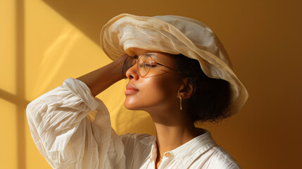 Stylish woman in white sunhat with golden hour light and shadows