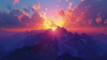 dramatic silhouette of mountain peaks against a colorful sunset sky