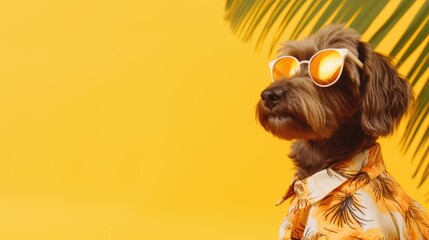 Dog with glasses. Close-up portrait of a dog. Anthopomorphic creature. A fictional character for advertising and marketing. Humorous character for graphic design. - obrazy, fototapety, plakaty