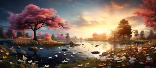 Fotobehang The serene beauty of a sunset setting behind trees and flowers in the foreground © AkuAku