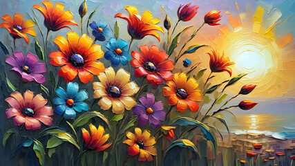 beautiful bright wild flowers against the background of sunrise. flowering field painted with oil paints	