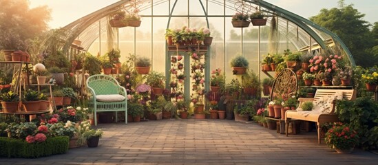 Greenhouse filled with an abundance of various plants, flowers, and foliage, creating a vibrant and lush botanical display