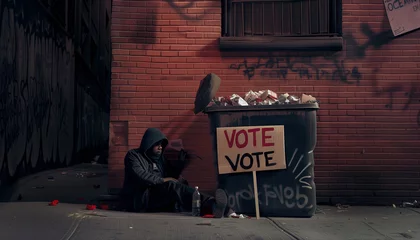 Schilderijen op glas Lonely homeless man dressed old clothes sitting on the dirty littered narrow american big city street next to waste bin with VOTE sign cardboard. Social issues, american elections concept image. © Train arrival