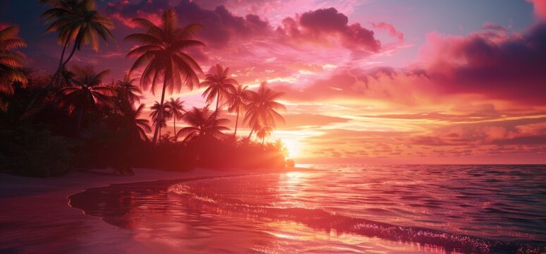 A vibrant sunset over the palm trees on an exotic beach, creating a breathtaking and colorful scene that evokes feelings of relaxation and bliss Generative AI