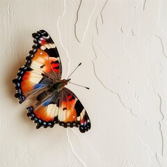 Fototapeta na wymiar a beautiful colorful butterfly standing on a white wall 