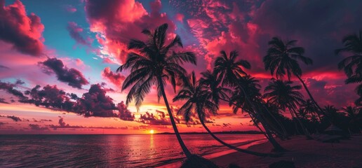 A vibrant sunset over the palm trees on an exotic beach, creating a breathtaking and colorful scene Generative AI - obrazy, fototapety, plakaty