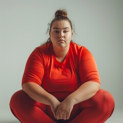 a fat woman is ready for sport on a light background, photo, copy space
