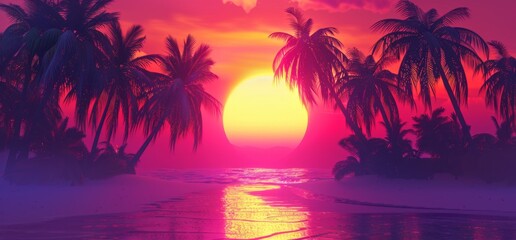 Fototapeta na wymiar A vibrant sunset over the palm trees on an exotic beach, creating a breathtaking and colorful scene Generative AI