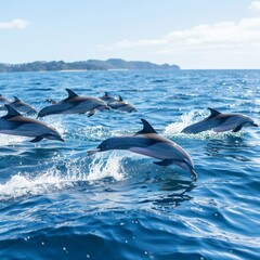 a school of dolphins swimming in the beautiful blue sea, every other dolphin jumps out of the water 