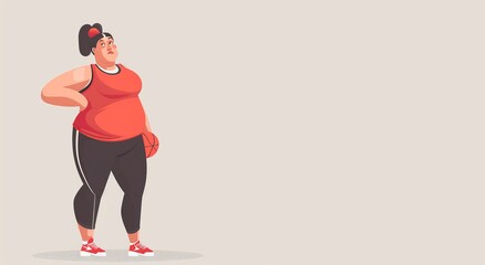 a fat woman is ready for sport on a light background, photo, copy space