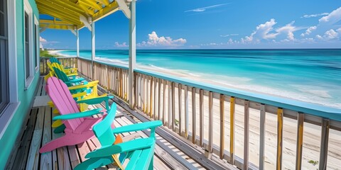 A colorful wooden balcony overlooking the turquoise ocean and white sandy beach. The chairs on it have pastel colors like pink, blue, green, yellow or red, with sunshades on them. 