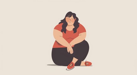 a fat woman likes her body, on a light background ,  Body positivity, retro