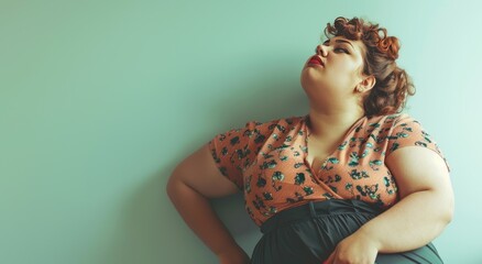 a fat woman likes her body, on a light background ,  Body positivity, retro