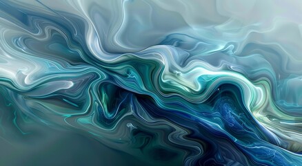 Obraz premium A digital art piece featuring an abstract representation of wind, with swirling lines and fluid shapes in shades of blue, green and silver against a grey background. abstract modern backdrop