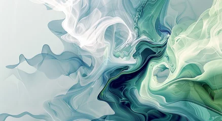 Fotobehang A digital art piece featuring an abstract representation of wind, with swirling lines and fluid shapes in shades of blue, green and silver against a grey background. abstract modern backdrop © Olga