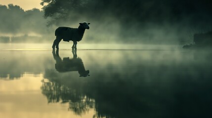 Captured in the soft light of twilight, a lamb stands on a secluded pond, surrounded by a mist that gently blurs the boundaries between water and air. - obrazy, fototapety, plakaty