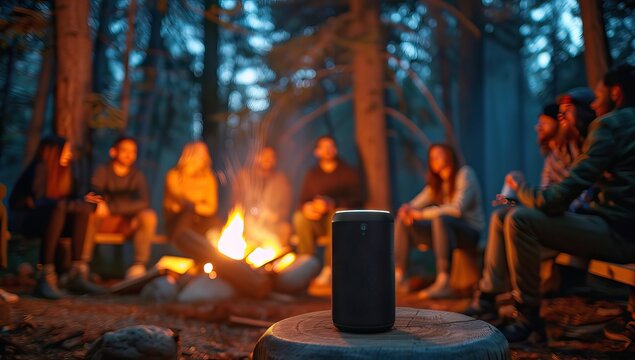 Photo of a futuristic portable electric speaker placed on an outdoor camping table surrounded by people sitting around campfires in nature at night. AI generated illustration