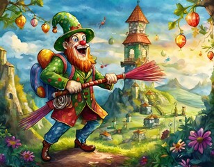 Colorful illustration of a cheerful leprechaun with a broom in a whimsical fairy tale landscape