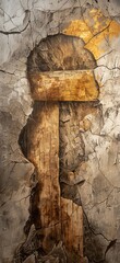 In the ancient cave, there is an oil painting of some wooden beams on top and bottom with cracked edges, and below it sits another golden wood log. The style adopts primitive art forms from medieval E