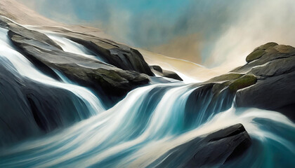 Abstract art of noisy speedy stream water flowing over rocks.
