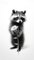 Obraz premium A raccoon holding a flower in its paws. Concept: Valentine's Day.
