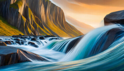 Abstract art of noisy speedy stream water flowing over rocks. - obrazy, fototapety, plakaty