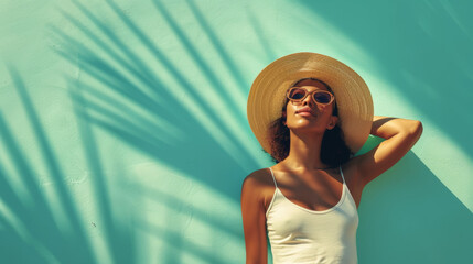 Woman in sunhat with shadow of palm leaves on turquoise background