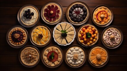 A table with a variety of fruit tarts and pies, showcasing different types of fruit and cake crusts.
