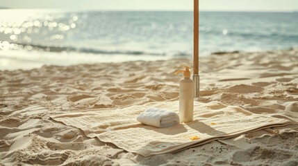 Beach scene with sunscreen and white towel under the sun near the ocean