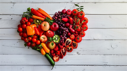 Healthy vegetables and fruits arranged in the shape of a heart on rustic boards.