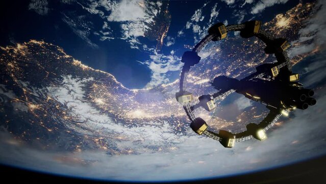 The International Space Station is in orbit around the Earth. The ISS is in the outer black space. Elements of this image provided by NASA.