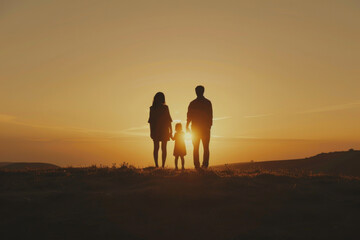 Family of three watching sunset together on hill