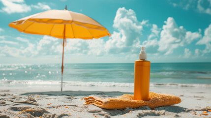 Sunscreen bottle on beach towel under yellow umbrella by the sea