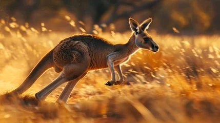 Schilderijen op glas Dynamic motion  red kangaroo in australian outback, sharp detail and high contrast in arid landscape © RECARTFRAME CH