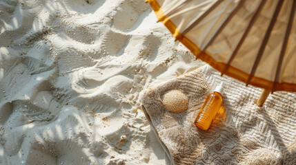 Top view of sunscreen on woven mat with beach umbrella shadow