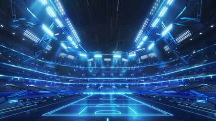 Lit-up sports arena with blue neon accents - A captivating sports arena radiates with blue neon accents and futuristic architectural design - obrazy, fototapety, plakaty