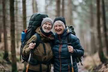 Fototapeta premium old men with backpacks traveling through the forest