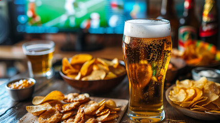 Pint of beer, chips and salty snacks on the table in front of televisor witch show off football match.Set of snacks and beverage soccer fan at home.
