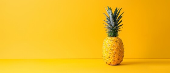   A pineapple sits atop a yellow table alongside a green leafy plant also positioned on the same yellow table - obrazy, fototapety, plakaty