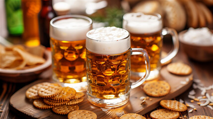Pints of beer, chips and salty snacks on the table. Set of snacks and beverage soccer fan at home. - obrazy, fototapety, plakaty