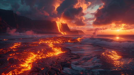 A fiery lava flow is seen in the distance. AI.