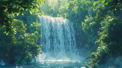 Fotobehang drama of a thundering waterfall framed by lush green foliage © MuhammadInaam