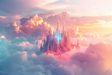 Neon futuristic city in pastel clouds - obrazy, fototapety, plakaty