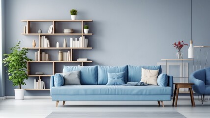 Elegant interior featuring blue sofa and shelves - A tranquil living room interior with a pastel blue sofa and aesthetically arranged shelves filled with books and decor