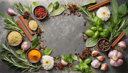 Fototapeta na wymiar Spices and herbs for cooking arranged in frame with copyspace. Seasonings and spices top view