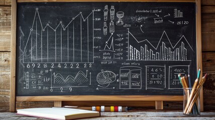 Chalkboard with complex financial graphs and data - A vintage school chalkboard displays complex financial graphs, symbols, and calculations - obrazy, fototapety, plakaty