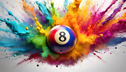 Dynamic Burst: Colorful Rainbow Holi Paint Powder Explosion with Billiard Ball Leading