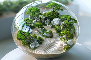 Schilderijen op glas A tranquil Zen garden encapsulated within a clear 3D glass globe, with meticulously raked sand, bonsai trees, and serene meditation spaces. © Ammara studio